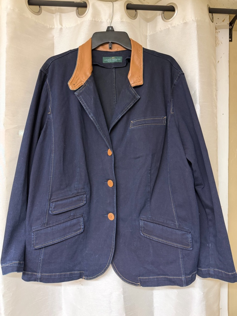 Ralph Lauren Navy Jean Blazer with Tan Leather Collar